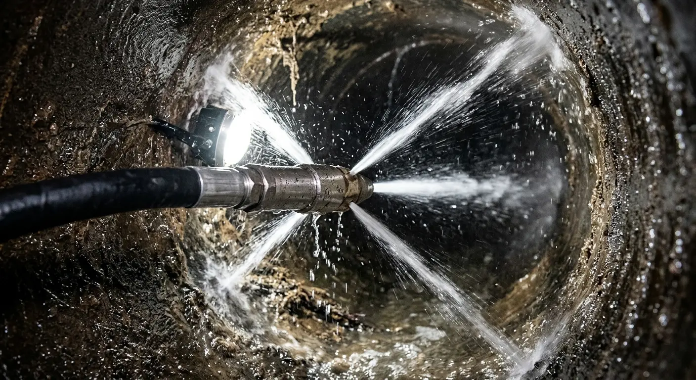 High-pressure hydro jetting nozzle cleaning sewer pipe for Emergency Drain Service in Almont