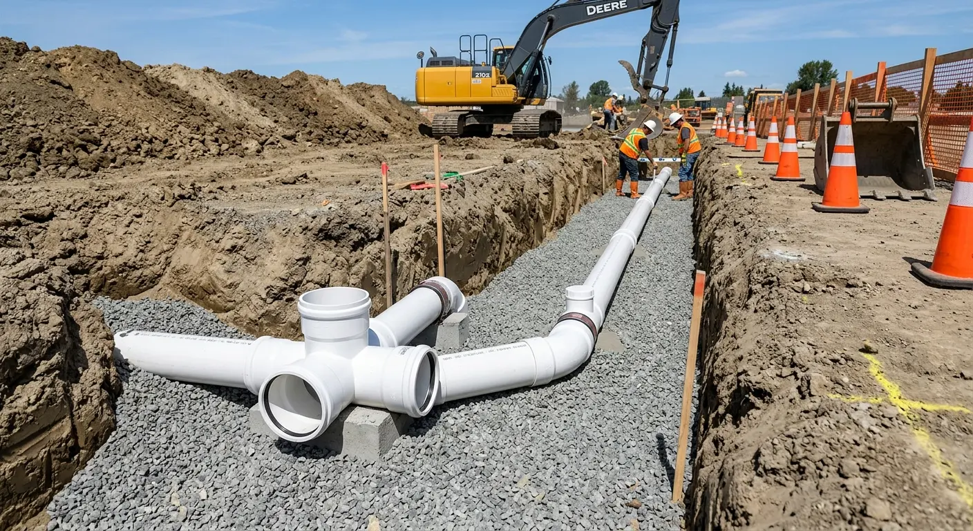 New PVC sewer pipe installation in open trench for Sewer Camera Inspection in Almont