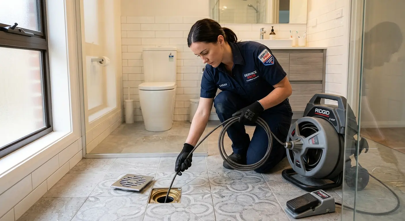 Technician clearing a bathroom floor drain for Drain Repair in Almont